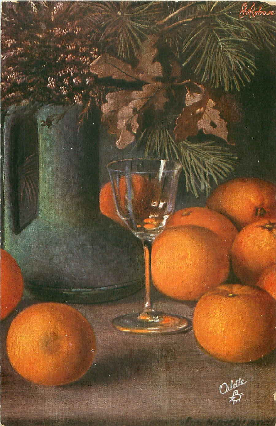 Ретро открытки - Фриц Хильдебранд. Апельсины и букет с дубовыми листьями, вереском и сосновой веткой