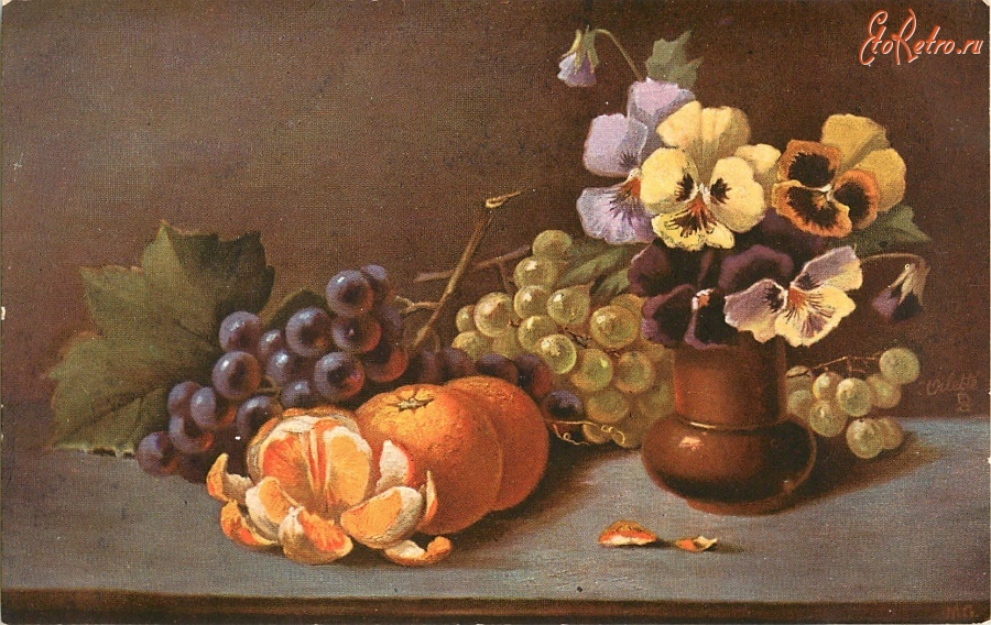 Ретро открытки - Мари Голей. Апельсины,виноград и анютины глазки в вазе