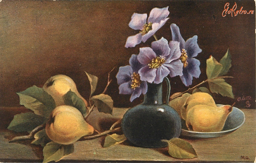 Ретро открытки - Клематис в голубой вазе и груши