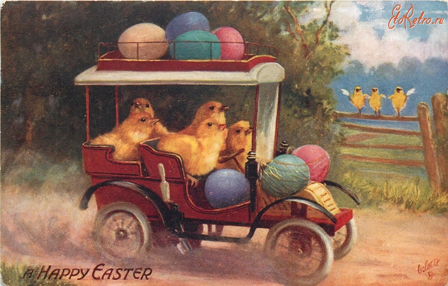 Ретро открытки - Счастливой Пасхи. Пасхальные цыплята в автомобиле