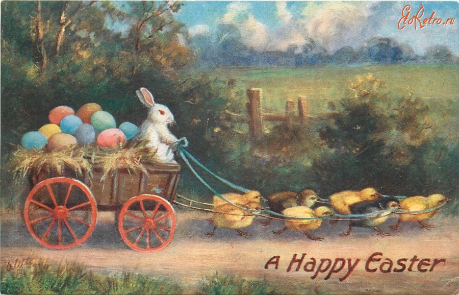 Ретро открытки - Пахальный кролик в повозке, запряжённой цыплятами