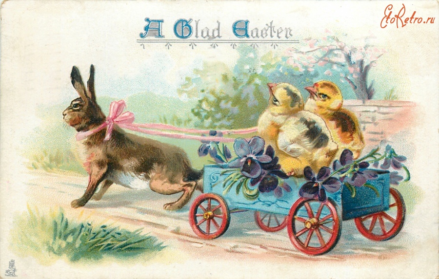 Ретро открытки - Пасхальный кролик и два цыплёнка в тележке с фиалками