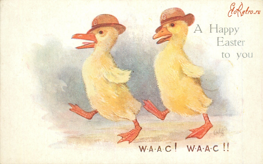 Ретро открытки - Счастливой Пасхи. Два утёнка в шляпах маршируют