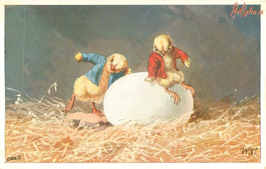 Ретро открытки - Счастливой Пасхи. Два цыплёнка и большое утиное яйцо
