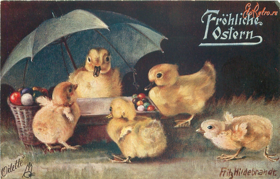 Ретро открытки - Цыплята и утята с пасхальной корзиной и зонтом