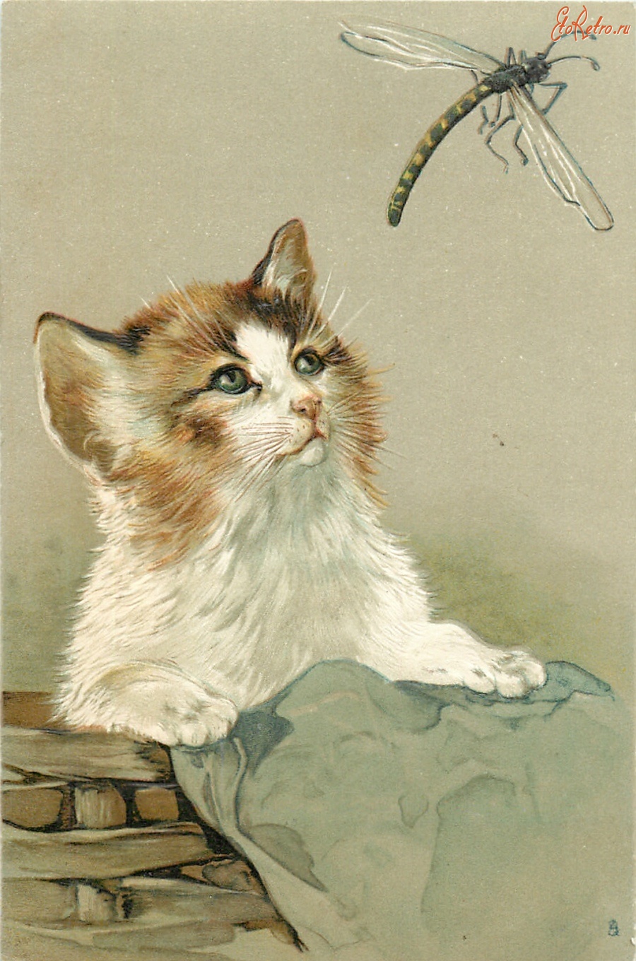 Ретро открытки - Котёнок знакомится со стрекозой