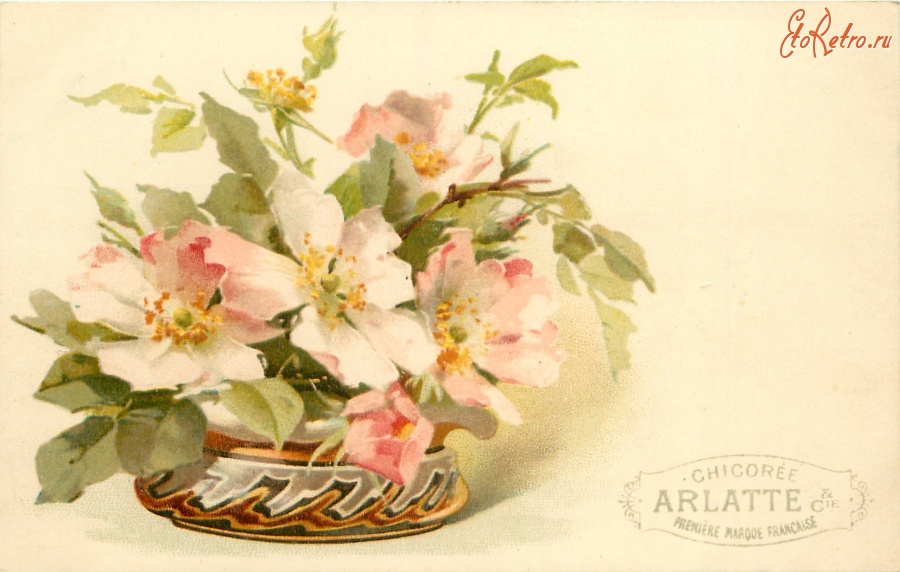Ретро открытки - Ветки цветущей яблони в низкой пёстрой вазе