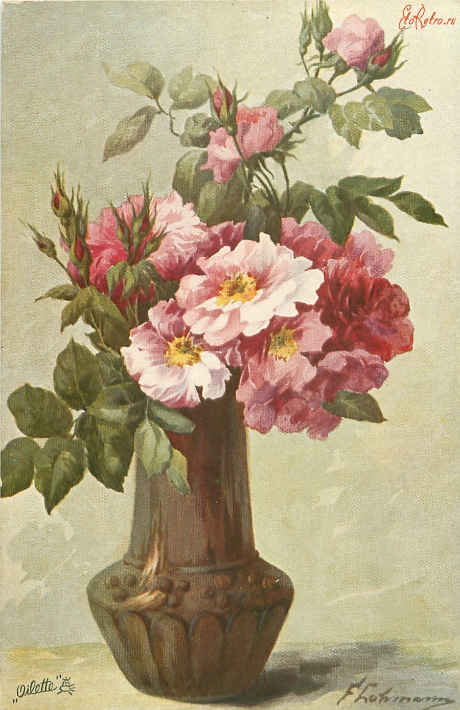 Ретро открытки - Белые и красные французские розы в коричневой вазе