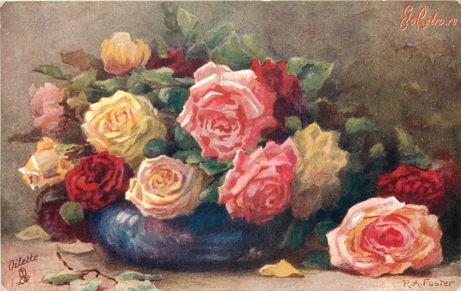 Ретро открытки - Букет разноцветных роз в низкой голубой вазе