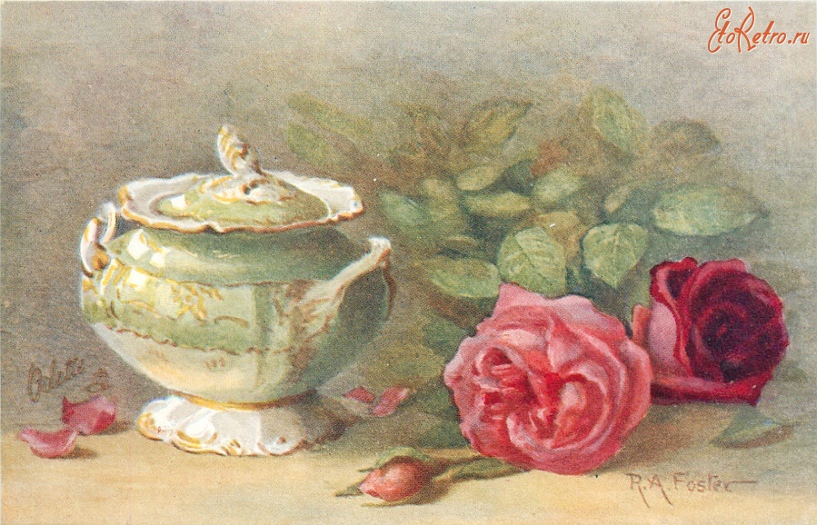 Ретро открытки - Красные розы и бело-зелёная ваза с крышкой