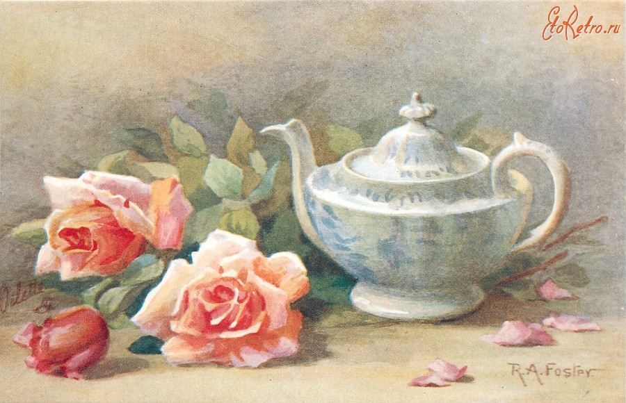 Ретро открытки - Три жёлтые розы и бело-голубой фарфоровый чайник