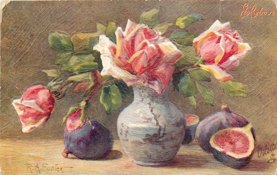 Ретро открытки - Розовые розы в светло-голубой керамической вазе и инжир