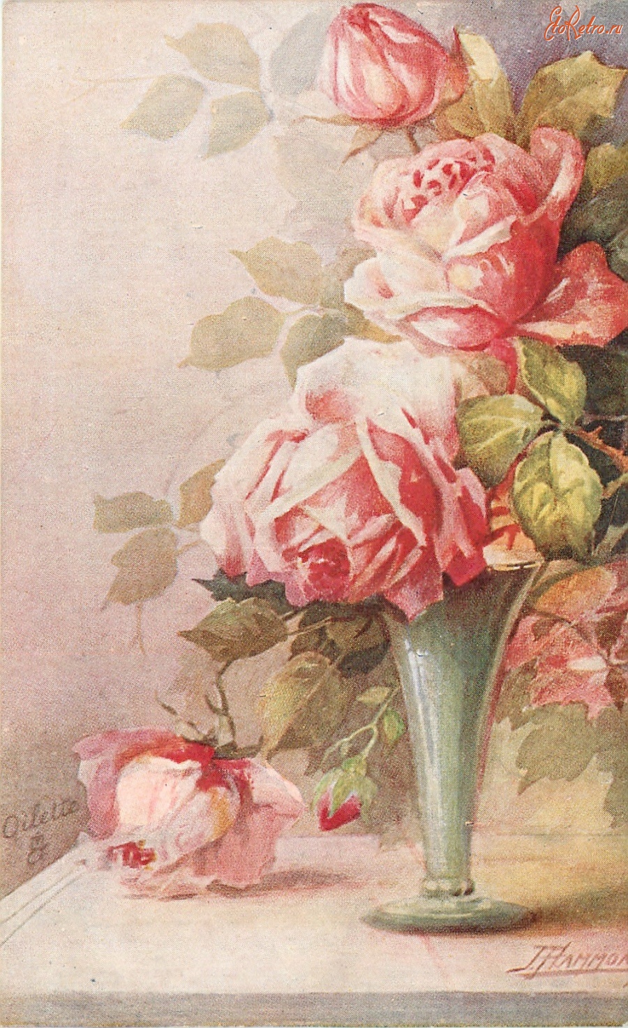 Ретро открытки - Розы и зелёная стеклянная ваза с узким основанием