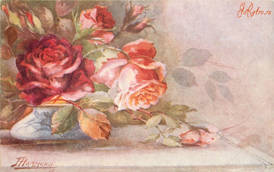 Ретро открытки - Красные розы в низкой голубой вазе с синим рисунком