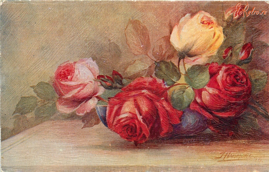 Ретро открытки - Розовые,желтые и красные розы в низкой голубой вазе