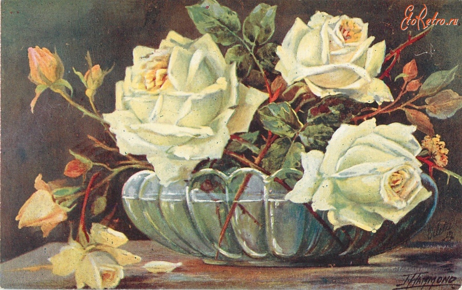 Ретро открытки - Жёлтые розы в низкой фигурной стеклянной вазе