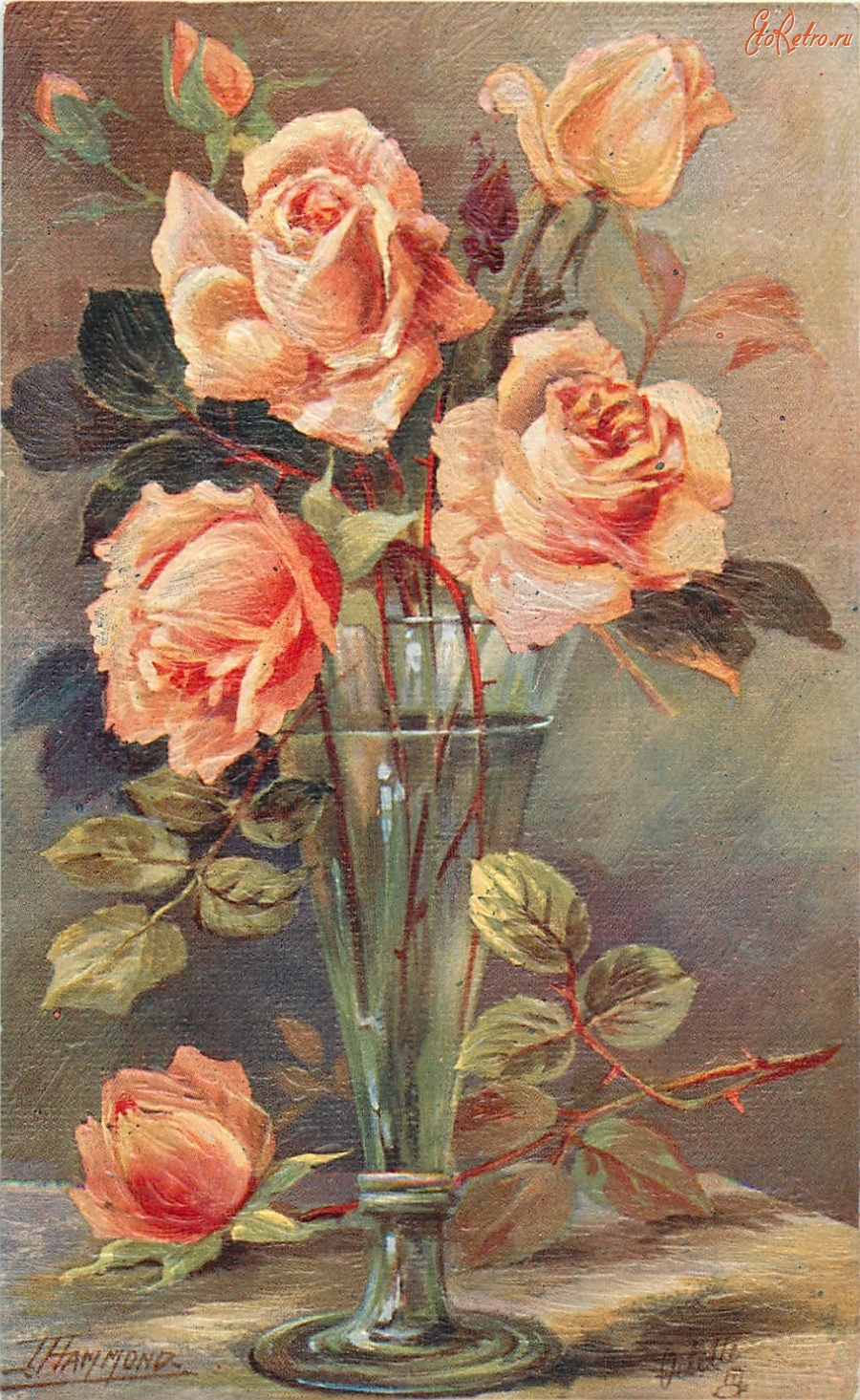 Ретро открытки - Персиковые розы в стеклянной вазе с узким дном