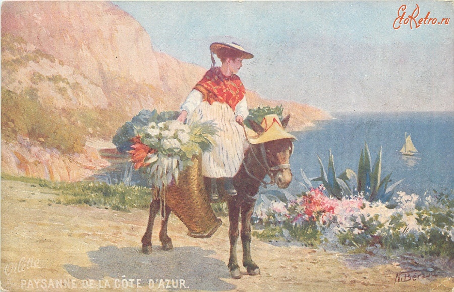 Ретро открытки - Н. Беро. Лазурный берег. Крестьянка на ослике с корзинами цветов