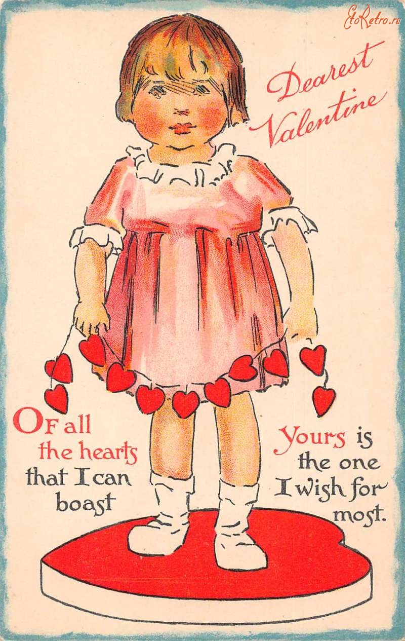 Ретро открытки - Валентинка. Девочка в розовом платье с гирляндой сердечек