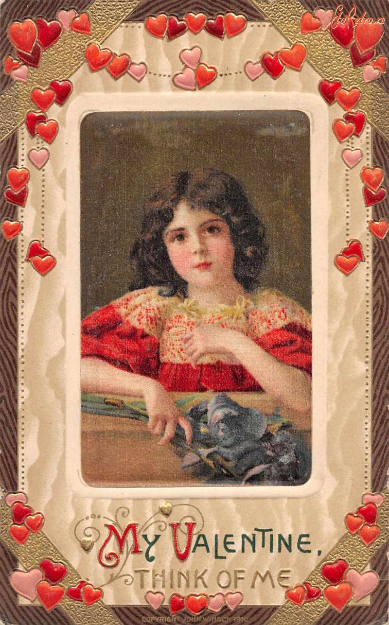 Ретро открытки - Моя Валентина. Девочка в красном платье с ирисами
