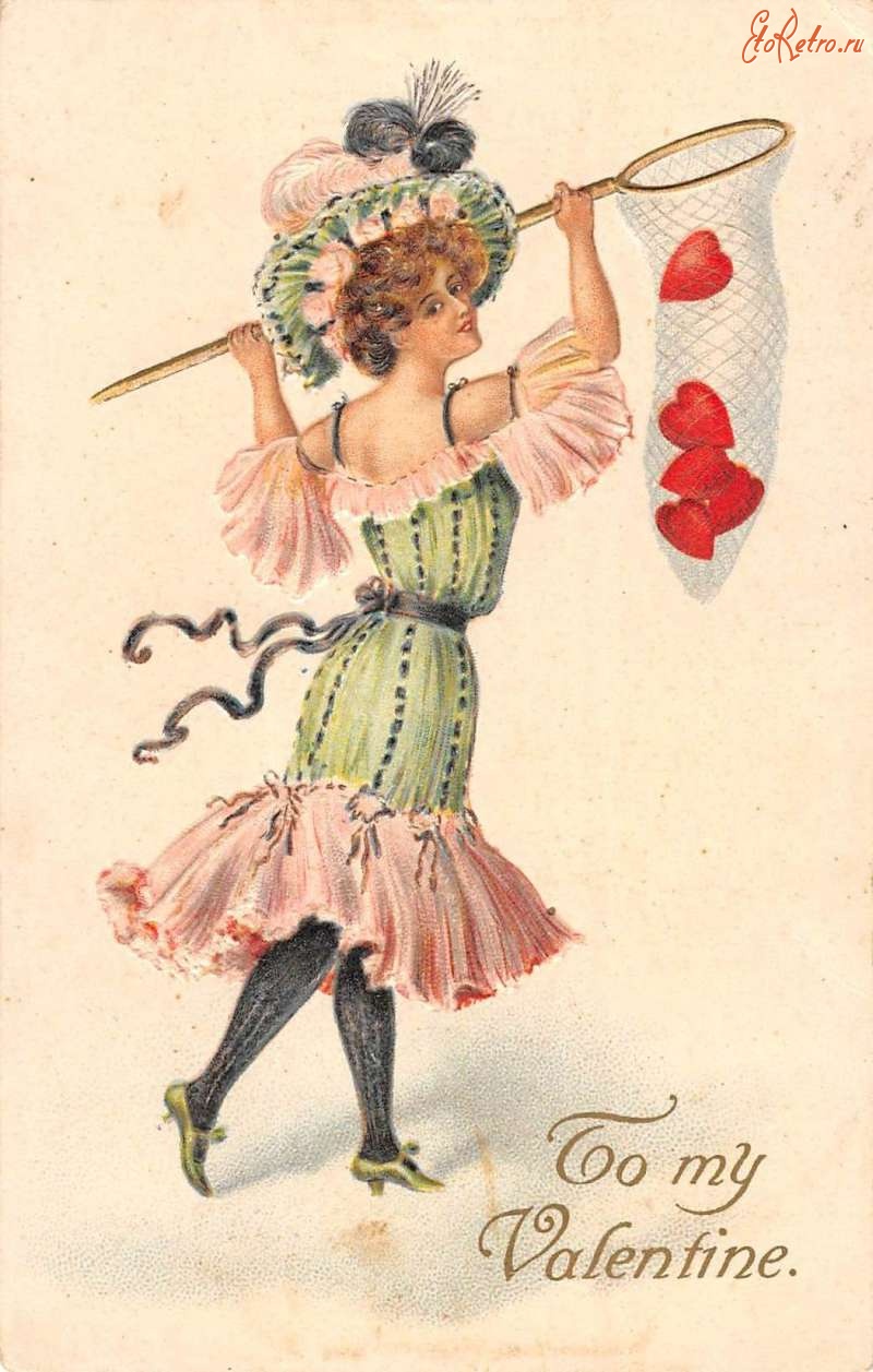 Ретро открытки - Валентинка. Женщина с сачком и сердцами