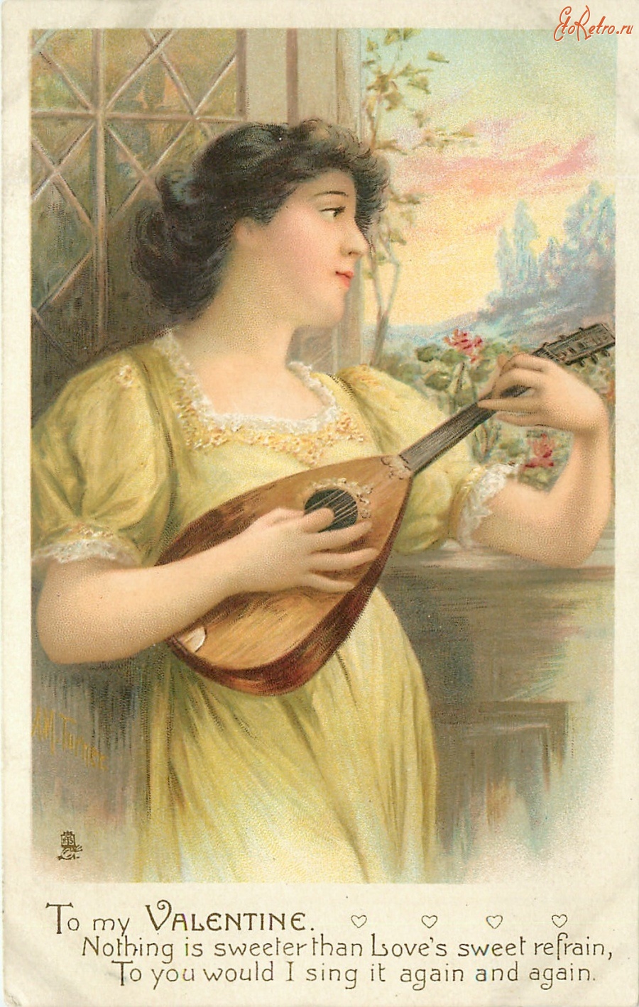 Ретро открытки - Любимые мелодии. Девушка у окна с мандолиной в руках