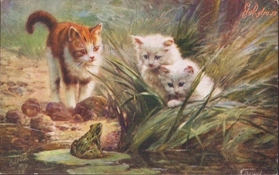 Ретро открытки - Три котёнка и озёрная лягушка