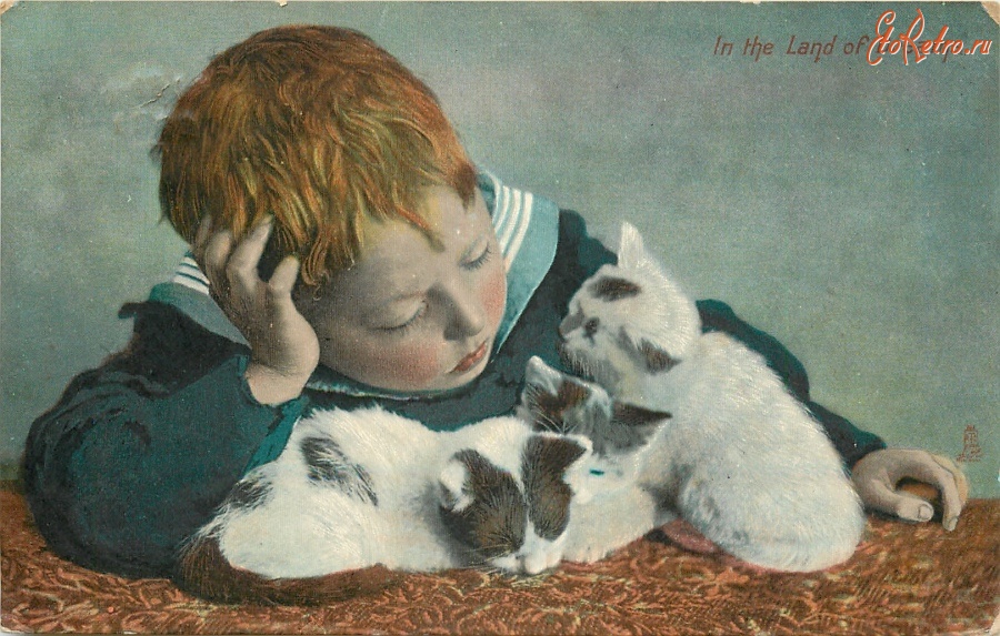 Ретро открытки - В стране грёз. Мальчик и три спящих котёнка