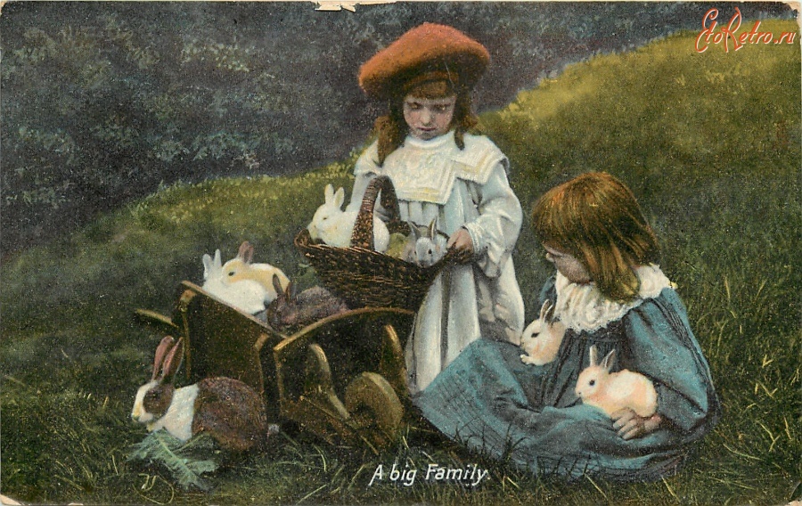 Ретро открытки - Большая семья. Девочки и кроличья семейка