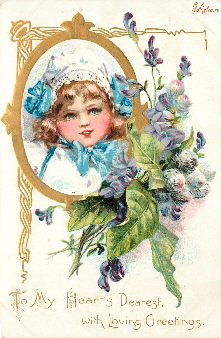 Ретро открытки - С любовью. Портрет девушки и букет полевых цветов