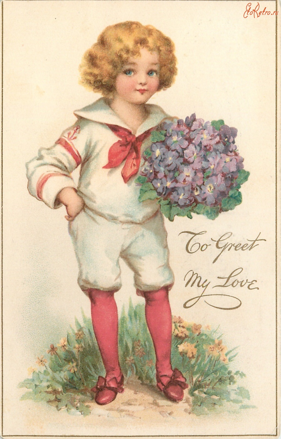 Ретро открытки - С любовью. Мальчик в матросском костюме с букетом фиалок