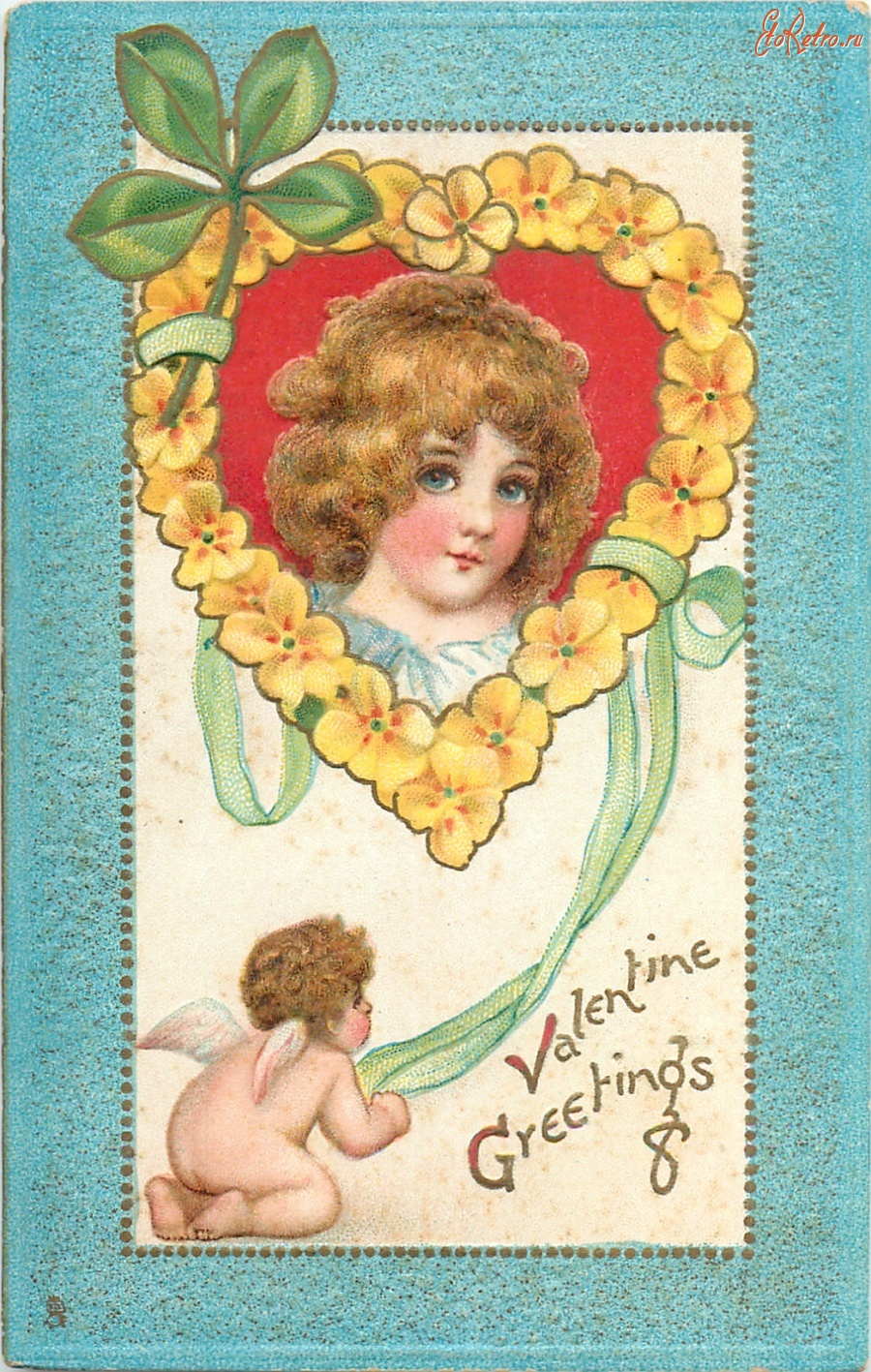 Ретро открытки - Моему Валентину. Девочка, гирлянда из первоцветов и купидон