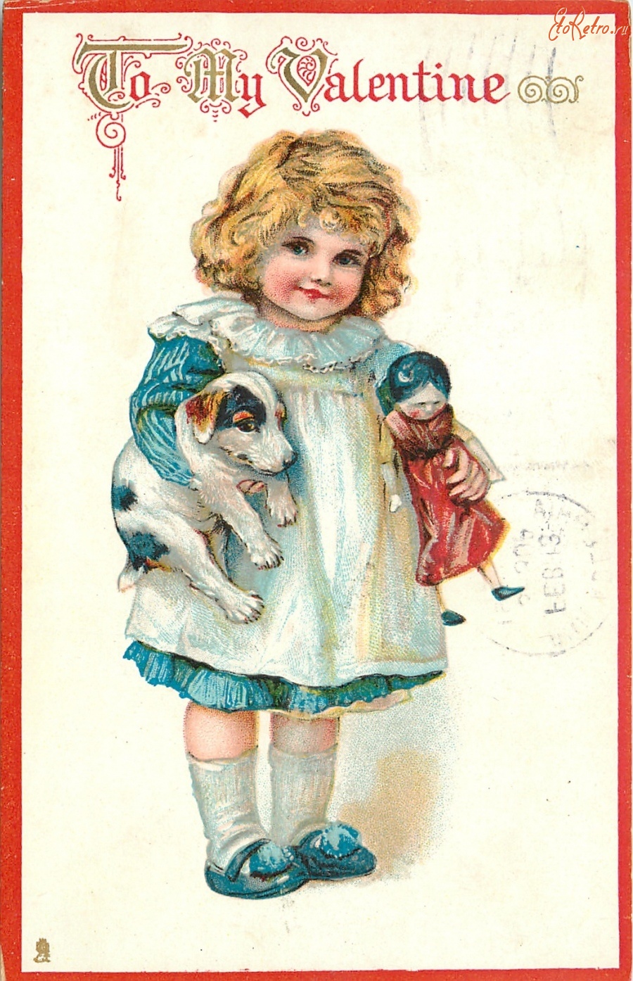 Ретро открытки - Валентина. Девочка с собачкой и куклой