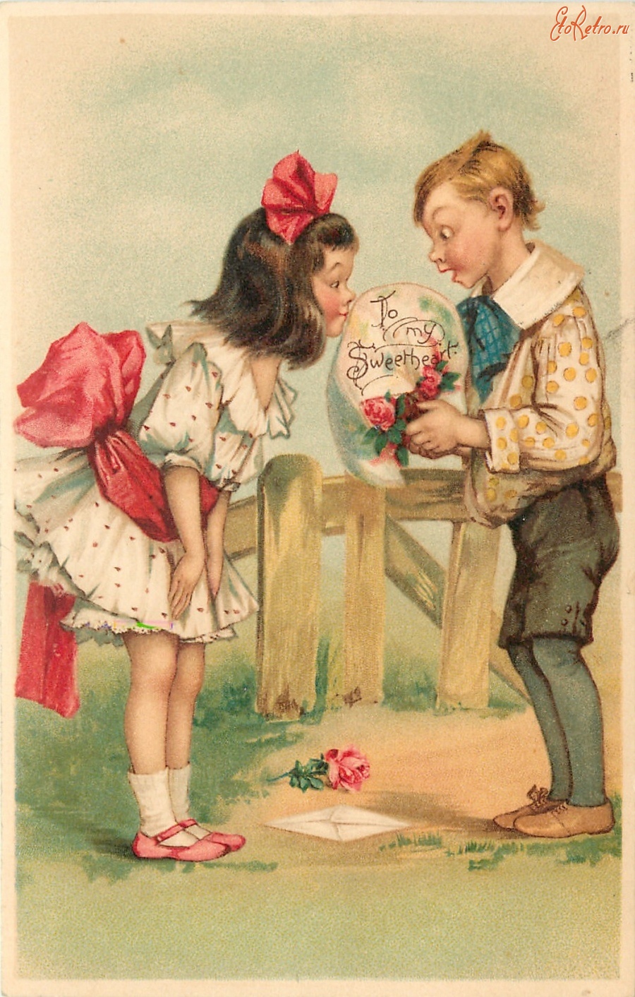 Ретро открытки - Моей любимой. Девочка с красными бантами и мальчик с букетом
