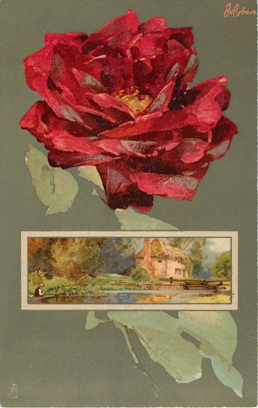 Ретро открытки - Цветочная страна. Красная роза и рыбак у озера