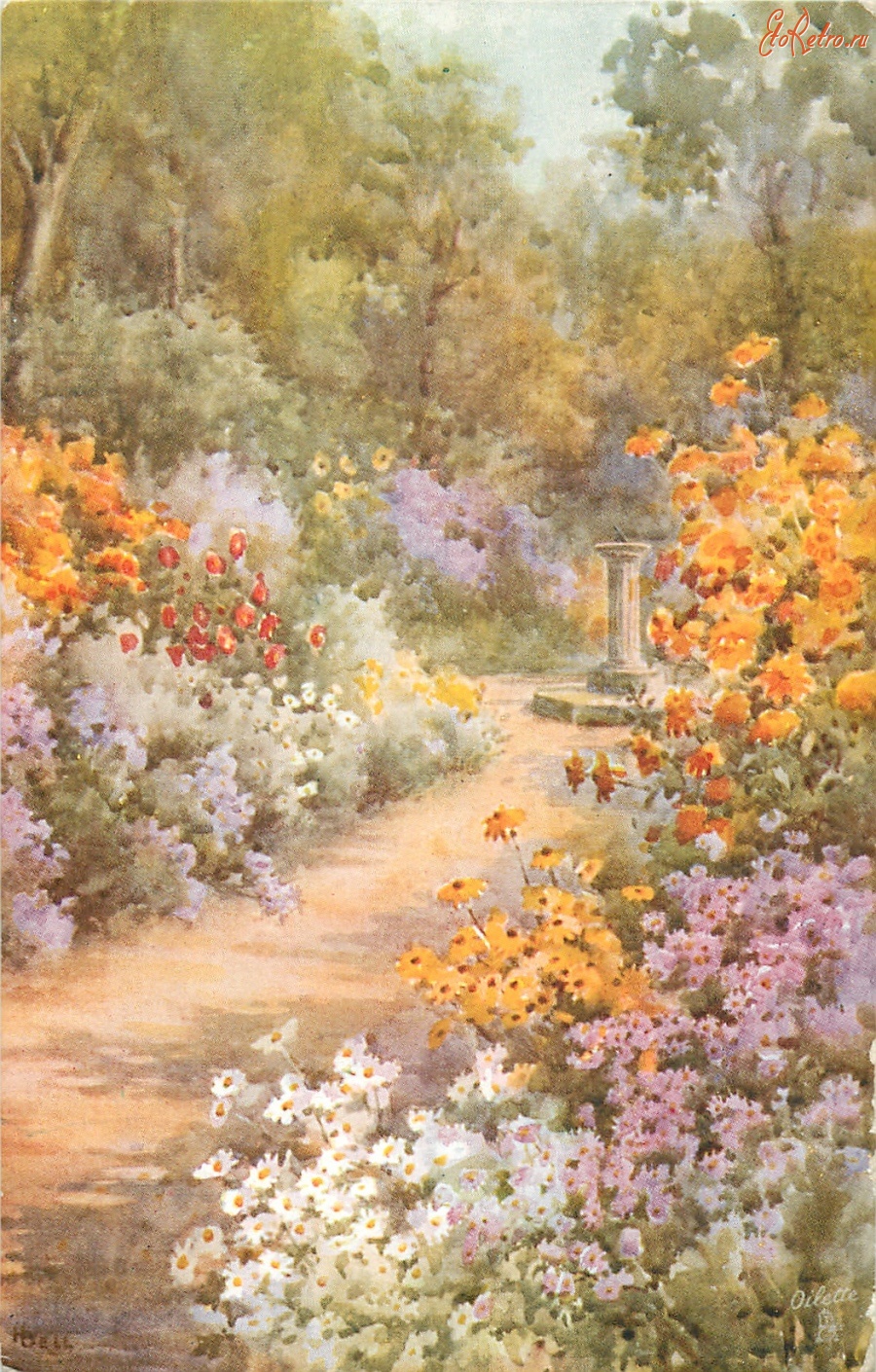Ретро открытки - Дорога в цветущем саду