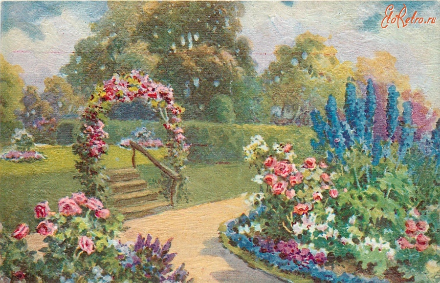 Ретро открытки - Голубой дельфиниум и розы английском саду