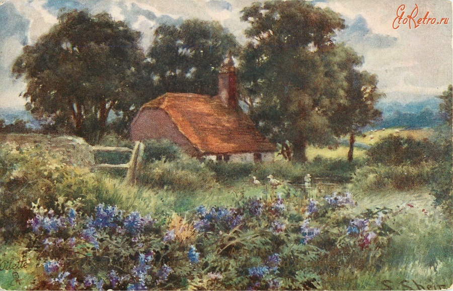 Ретро открытки - Поляна голубых цветов и сельский дом