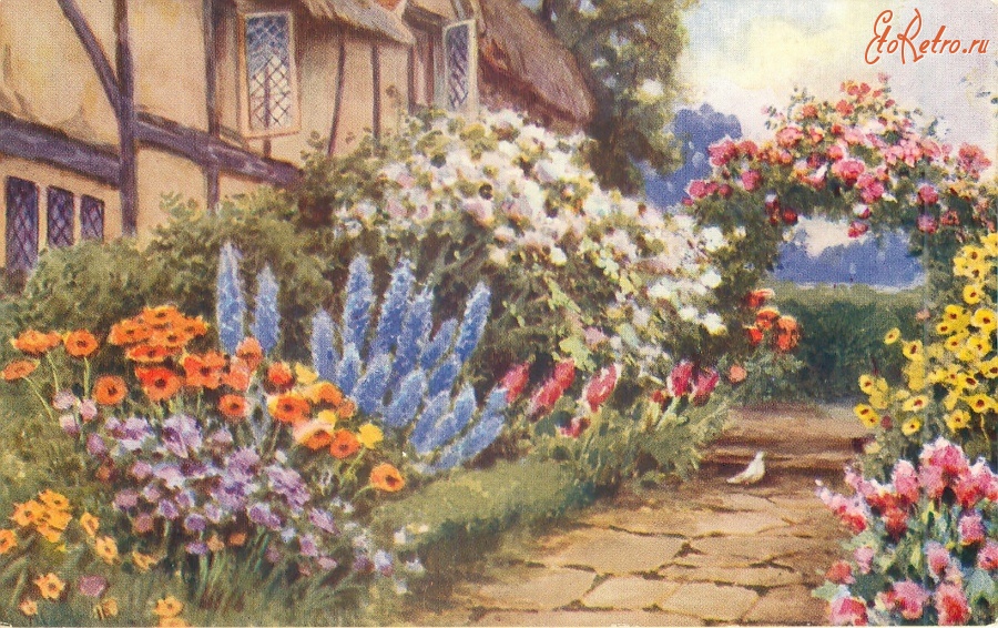 Ретро открытки - Сельский дом,яркие клумбы и гирлянда из роз