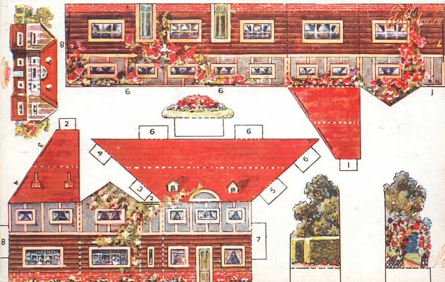 Ретро открытки - Модель коттеджа. Дом с красной крышей и садом
