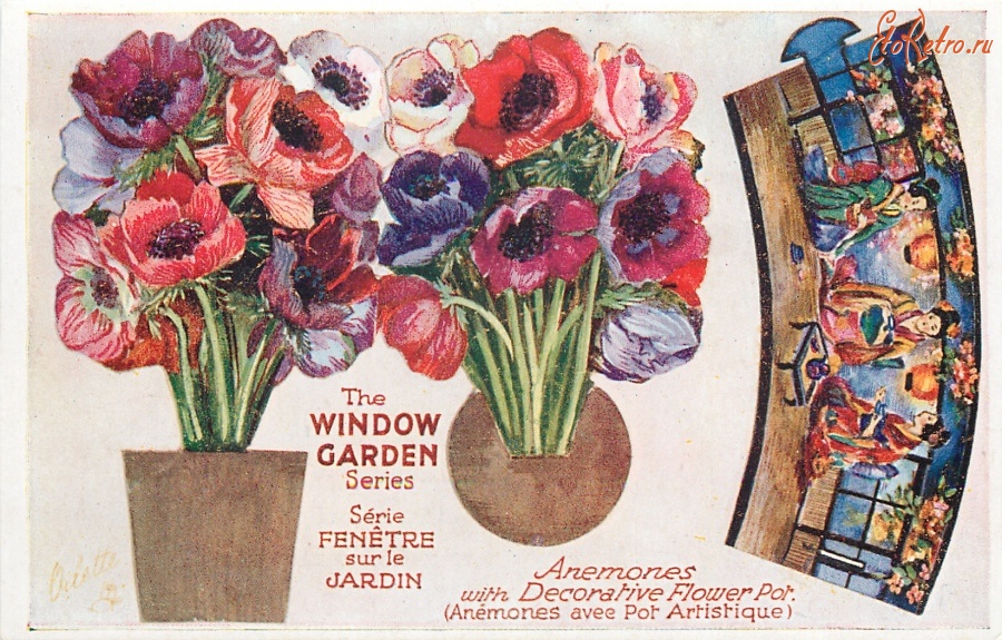Ретро открытки - Анемоны в декоративном цветочном горшке