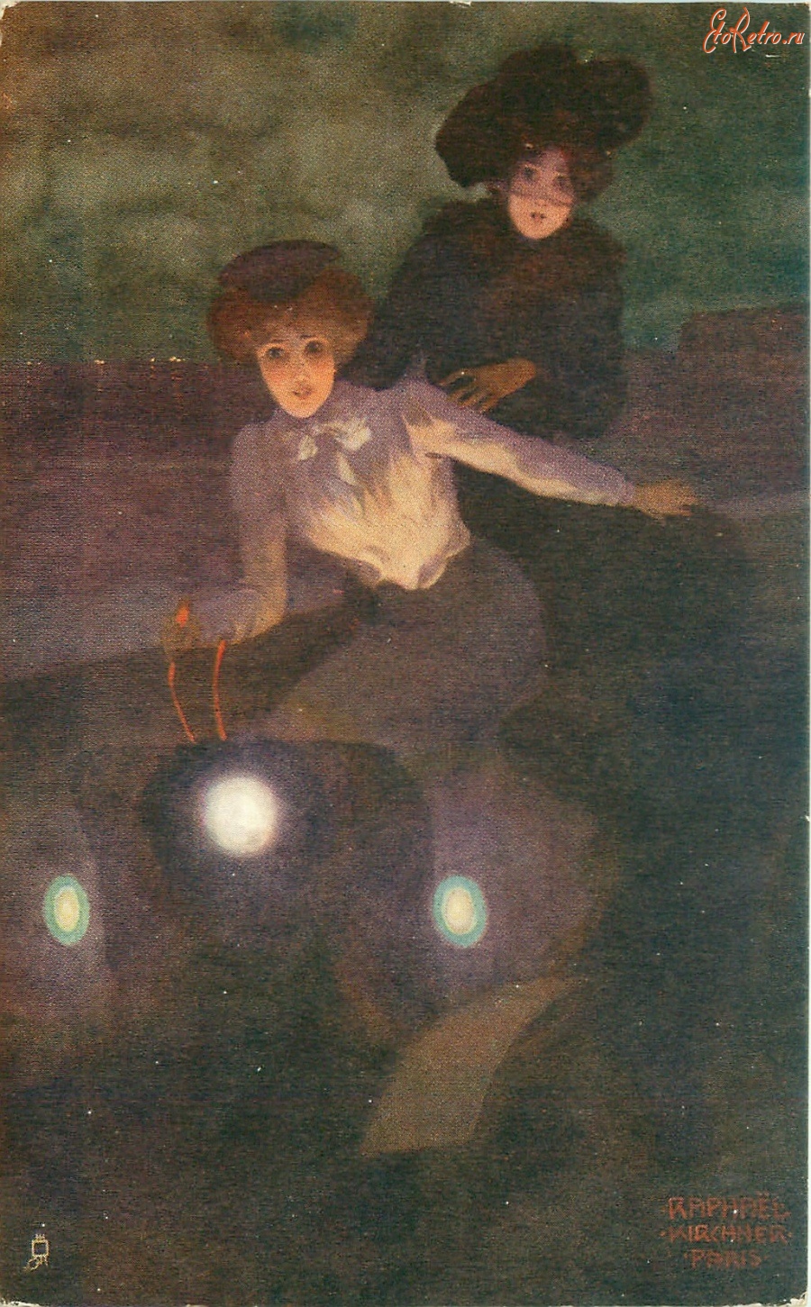 Ретро открытки - Две дамы в автомобиле в ночном пейзаже