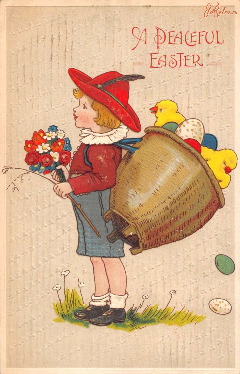 Ретро открытки - Мирной Пасхи. Мальчик в тирольской шляпе и пасхальные яйца