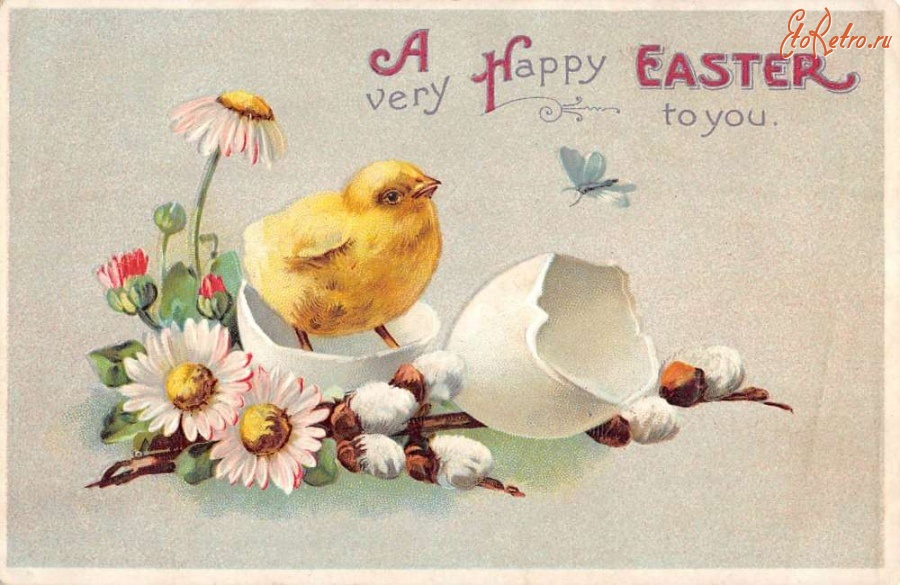 Ретро открытки - Счастливой Пасхи. Цыплёнок и весенние цветы