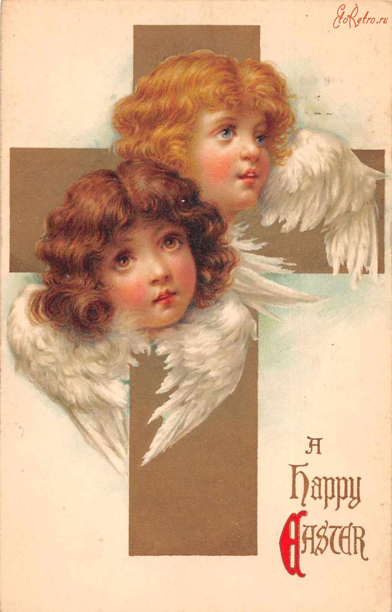 Ретро открытки - Счастливой Пасхи. Ангелы и золотой крест