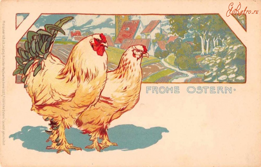 Ретро открытки - Счастливой Пасхи. Куры и весенний пейзаж