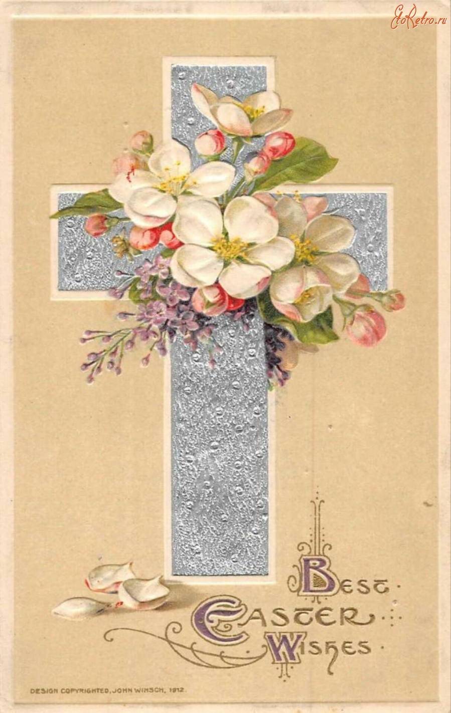Ретро открытки - Счастливой Пасхи. Пасхальный крест и яблоневый цвет