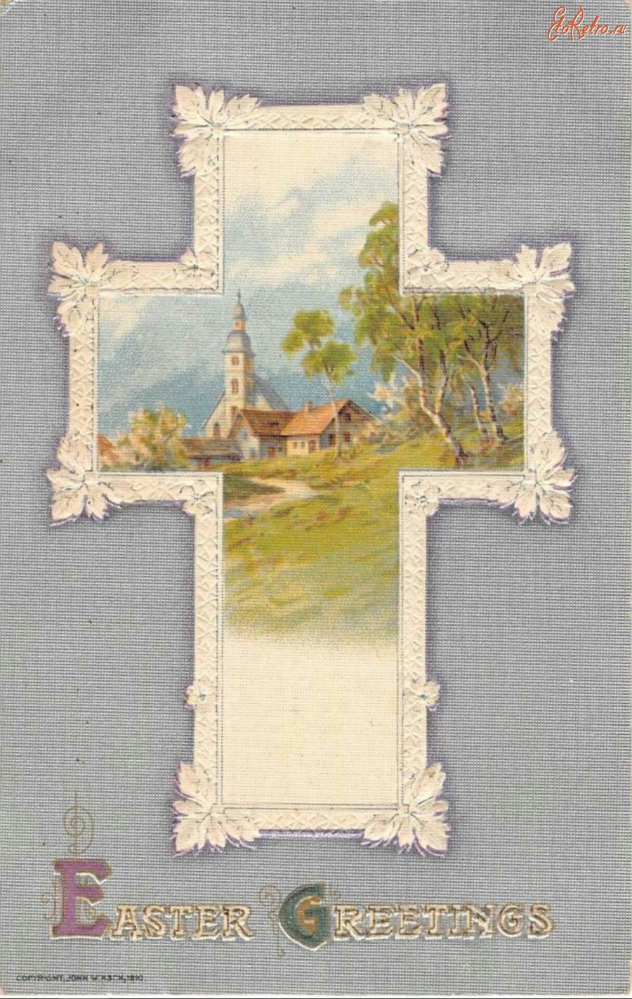 Ретро открытки - Пасхальные поздравления. Пасхальный крест, пейзаж и сельская церковь