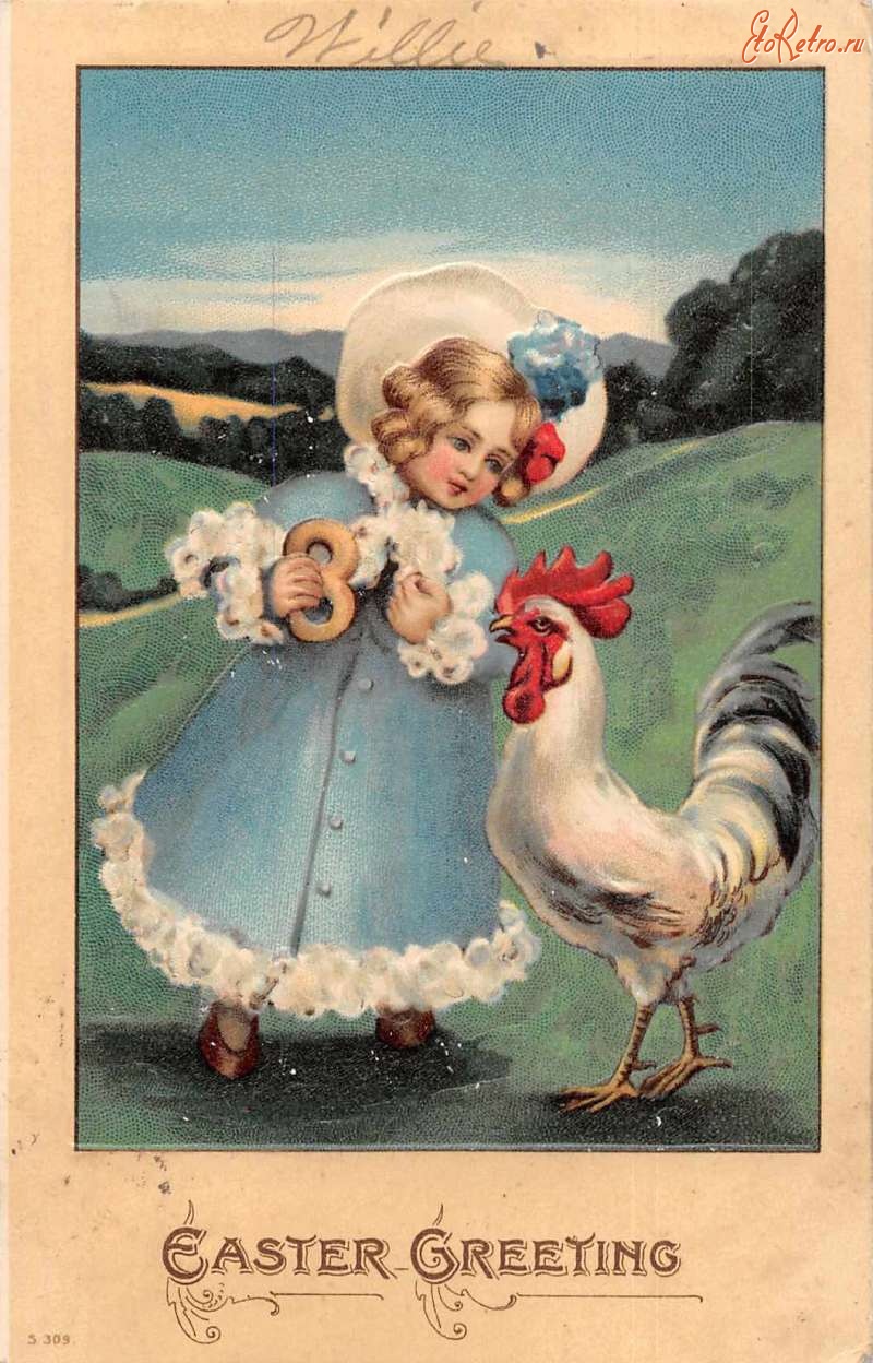 Ретро открытки - Пасхальные поздравления. Девочка в голубом пальто и сельский пейзаж