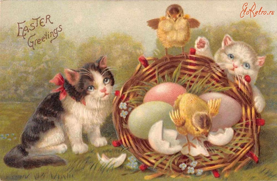 Ретро открытки - Счастливой Пасхи. Котята, цыплята и пасхальная корзина